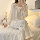 elvesmall Ruffles Sleepwear Women Pajama Sets Lace-up Long Pants Sets 2 Pieces Piiama Solid Korean Style Full Sleeve Autumn Night Wears
