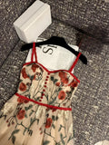 KYLTHOMASW  -  Sweet Hot Girl Suit Women's Autumn Red Long-sleeved Cardigan Embroidery Floral Strap Dress Two-piece Set Fashion Female Clothes