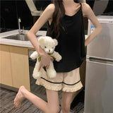 elvesmall Tassel Sleepwear Women Pajama Sets Korean Piiama Summer Set 2 Pieces Solid Night Wear Sleeping Spaghetti Strap Home Suit