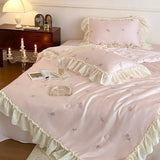 elvesmall Pink French Rose Embroidery Lace Ruffles Bedding Set, Ice Silky Quilts, Summer Cool Quilts, Bedroom Nap Air Conditioner