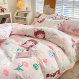 elvesmall Cute Home Comforter Bedding Sets Washed Cotton Duvet Cover Flat Bed Sheet Set Twin Full Queen King Size Bed For Girls Couple