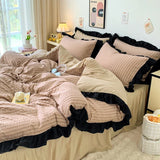 elvesmall Bubble Yarn Seersucker French Style Princess Lace Bedding Set Duvet Cover Set Skirt Sheet Queen For Girl Decor Home