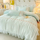 elvesmall Light Luxury French Four-piece Bedding Set Washed Cotton High-grade Fairy Bed Cover Bed Solid Color Bed Sheet Quilt Cover