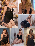 elvesmall  Plus Size Babydoll Womens Snap Crotch Lingerie V Neck Lace See Through Nighty Sleepwear L-5XL Honeymoon Nightdress Pajamas