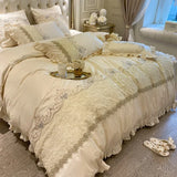 elvesmall  European-Style Luxury High-End 100 Cotton Four-Piece Set Exquisite Lace Embroidery Cotton Quilt Cover Bed Sheet Bedding