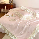 elvesmall Pink French Rose Embroidery Lace Ruffles Bedding Set, Ice Silky Quilts, Summer Cool Quilts, Bedroom Nap Air Conditioner