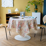 elvesmall  Retro Chinese Peony Printed Cotton Linen Table Cover with Tassels for Home Decoration Korean Rectangular Tablecloths Restaurant