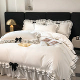 elvesmall Chic Multi Layer Ruffle 3/4/6Pcs White Duvet Cover Set Soft Microfiber Girls Bedding with Cute Bow-Knots Bed Sheet Pillowcases