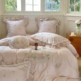 elvesmall  French Style Embroidered Floral 100S Cotton Bedding Set Girlish Bed Sheet Duvet Cover Set with Ruffles(Queen King Size,4/6pcs)