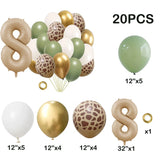 elvesmall 20pcs Jungle Animal Theme Party Sage Green Balloon Caramel Number 0-9 Foil Balloons Happy Birthday Party Baby Shower Decoration