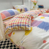 elvesmall Japanese-Style Simple Pure Cotton Small Fresh AB Bedding Quilt Cover Pillowcase Bed Sheet Double Bed Home Textile Four-Piece Set