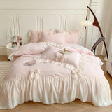 elvesmall Princess Lace Bow Bedding Set Beauty Solid Color Lace Ruffle Quilt Cover Luxury Girls Wedding Home Textiles Duver Cover