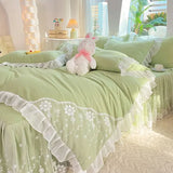 elvesmall  Pink Lace Ruffle Bedding Set Luxury Bed Skirt Sheet Bedspread Korean Duvet Cover Girls Princess Bedspread Pillowcases