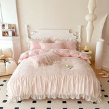 elvesmall Korean Princess Bedding Set Hollow Lace Patchwork Solid Color Lace Ruffle Duver Cover Set Luxury Girls Wedding Home Textiles