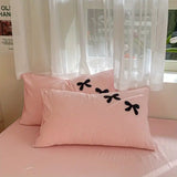 elvesmall Princess Bowknot Bedding Set Pink Duvet Cover Bed Flat Sheet Girls Solid Color Bed Linens Washed Cotton Bedclothes Single Double