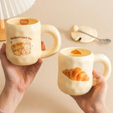 elvesmall  -  1pc Ceramic Mug with Spoon and Lid Cute Ceramic Coffee Milk Cup Cartoon Cup Steaming Microwave Cup kitchenware Gift for Girls