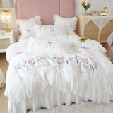 elvesmall Lace Ruffles Bedding Set Luxury Cotton Flower Embroidery Bedclothes Girls Full Size Quilt Cover Sets Queen King Bed Linen Sets