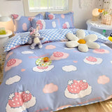 elvesmall  Cute Bear Bedding Set Girls Boys Kids Single Double Size Flat Sheet Duvet Cover Pillowcase Bed Linens White Blue Home Textile