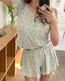 elvesmall  Summer Floral Print Pajamas Set Korean Women Short Sleeve Shirts Tops + Shorts Set Kawaii Home Suit Sweet Green Homewear Clothes