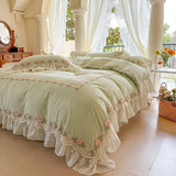 elvesmall  Korean Style Pink Lace Bedspread Bedding Set King Queen Luxury Princess Duvet Cover Bed Skirts Bedcloth Soft Cotton Home Textile
