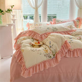 elvesmall Fashion Flower Bedding Set Bed Sheet Cute Princess AB Double Sided Ruffle Flower Quilt Cover Pillowcase Bedclothes Home Textiles