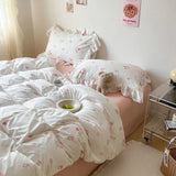 elvesmall Pink Tulip Duvet Cover Set Ins Korean Style with Flat Sheet Pillowcase No filler Washed Cotton Queen Full Twin Home Bed Linen
