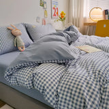 elvesmall  3/4Pcs Skin Friendly Microfiber Duvet Cover Set, Washed Cotton Craft, Double Queen King Plaid Bed Cover Bed Linen Bedding Set
