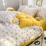 elvesmall French Golden Sunflower Floral Lace Seersucker Bedding Set Washed Cotton Four-piece Set Student Bed Sheet Three-piece Set