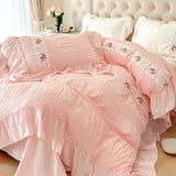 elvesmall  Princess Soft Seersucker Bedding Set Girls Elegant Lace Duvet Cover With Sheet Soft Washed Cotton French Romantic Home Textiles