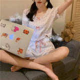 elvesmall  Floral Sleepwear Women Korean Reviews Many Pajama Set Summer Home Wear Bow Short Sleeve Pyjamas Two-piece Set Japanese Piiama