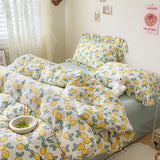 elvesmall Cute Floral Duvet Cover Set Ins Korean Style with Flat Sheet Pillowcase No filler Washed Cotton Queen Full Twin Home Bed Linen