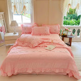 elvesmall Pink Ruffle Comforter Bed Sheet Pillowcases Queen Size Lightweight Fluffy Farmhouse White Ruffle Bedding Set Soft Microfiber
