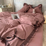 elvesmall Grey White Quilt Cover Korean Prinsess Bow Girl Bedding Sets Simple Solid Color Bedclothes Decor Bedroom