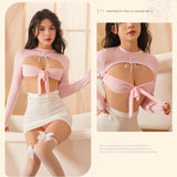 elvesmall  Open Chest Erotic Lingerie Sexy Teacher Secretary Cosplay Costume Bow Tie Breasted Tops and Skirt Adult Game Office Lady Uniform