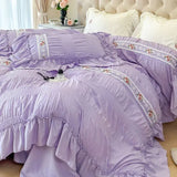 elvesmall  Princess Soft Seersucker Bedding Set Girls Elegant Lace Duvet Cover With Sheet Soft Washed Cotton French Romantic Home Textiles