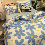 elvesmall  Floral Bedding Set with Flat Sheet Quilt Duvet Cover Pillowcase Bed Linens Boy Girl Single Double Queen Size Home Textile