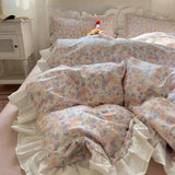 elvesmall Ins Korean Small Fresh Cotton Bed Four-piece Set, Spring and Summer French Lotus Leaf Lace Bed Sheet Quilt Cover Pure Cotton