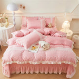 elvesmall Korean Luxury Lace Ruffles Bedding Set Skin-Friendly Washed Cotton Princess Style Duvet Cover Bed Sheet Pillowcase Home Textiles