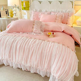 elvesmall Light Luxury French Four-piece Bedding Set Washed Cotton High-grade Fairy Bed Cover Bed Solid Color Bed Sheet Quilt Cover