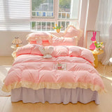 elvesmall Korean Princess Style Bedding Ins Solid Color Duvet Cover Sets With Pillowcae Girls Ruffle Lace Home Textiles Decor Bedroom