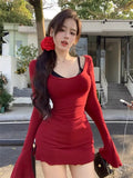 srczz  -  Sweet Hot Girl Sexy Suit Women's Summer Red U-neck Flared Sleeve Dress Lace Camisole Top Two-piece Set Fashion Female Clothes