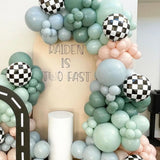 elvesmall 135Pcs Race Car Balloon Garland Arch Kit Dusty Blue Green Latex Balloon Checkered Foil Balloons for Two Fast Party Decorations