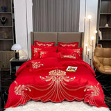 elvesmall  Golden Feather Embroidery Bedding Set Luxury Pearl White Satin Cotton Bedclothes Duvet Cover Bed Sheets Set Pillowscases
