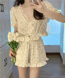 elvesmall  Floral Pajama Sets Women Lace V-neck Crop Sweet Girls Elegant Summer Daily Home Sleepwear Casual Shorts Cozy Chic Ins Stylish