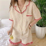 elvesmall  Floral Sleepwear Women Pajama Sets Summer Piiama Korean Pocket Short Sleeve Home Suit 2 Pieces Ruffle Night Wears Pyjamas New