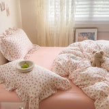 elvesmall Ins Girl Bedding Set Heart Cherry Duvet Set With Double Layer Yann Pink Four PIECE Set Simple Washing Cotton Bed Sheet Bed Sheet