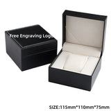 elvesmall  Black Matte PU Leather Square Clamshell Watch Storage Box Provide Free Logo Carving Service Personalized Logo Customization Gift