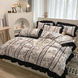 elvesmall Floral Duvet Cover Set 4pcs Soft Ruffle Vintage Flower Bedding Set Light Luxury Reversible Comforter Cover with Zipper Closure