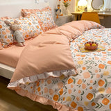 elvesmall Fashion Lattice Bedding Set Bed Sheet Cute Princess AB Double Sided Ruffle Flower Quilt Cover Pillowcase Bedclothes Home Textile