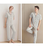 elvesmall  Ice Silk Couple Pajamas Men Women Summer Long Short Sleeve Cardigan Lapel Suit Thin SatinPlus Size Home Cloth Nightwear Male